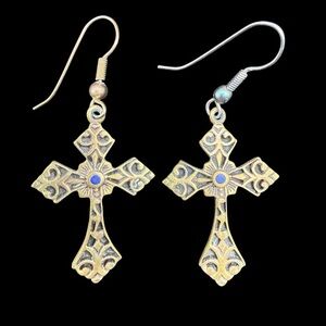 Vintage Boho Gold-Tone Brass Filigree Cross Drop Earrings Blue Accent